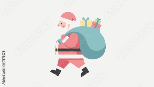 A cartoon Santa Claus walking and carrying a large sack of colorful gifts on Christmas Day against a plain background.