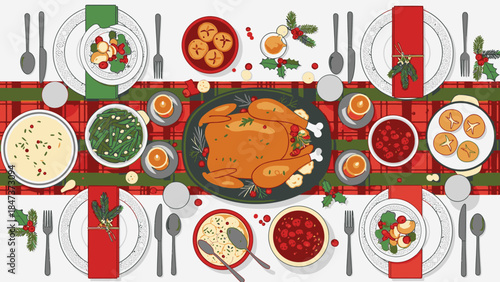 Flat lay of a festive Christmas Day dinner table with roasted turkey, various side dishes, and holiday decorations on a white background.