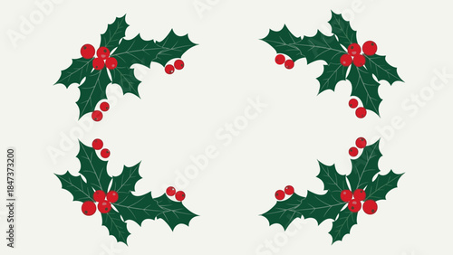 A flat lay of four green holly leaves with red berries arranged in a square on a light gray background, symbolizing Christmas Day with a festive and natural mood.