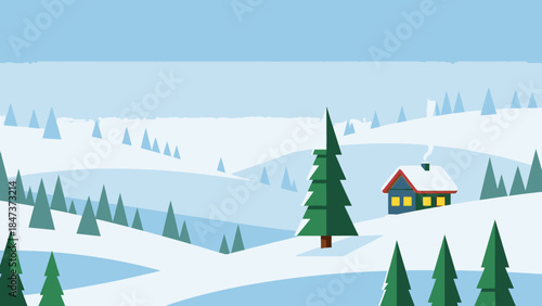 A serene winter landscape with a cozy house and evergreen trees on a snowy hill on Christmas Day with a clear blue sky.