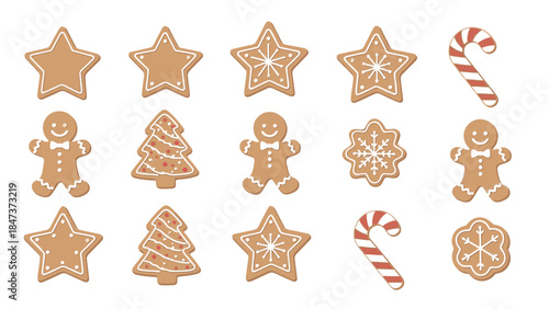Assorted Christmas cookies and candy canes arranged on a white background, including gingerbread men, trees, stars, and snowflakes.