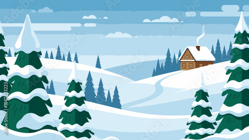 Snowy landscape with a small house and pine trees on Christmas Day in a serene winter wonderland scene with a clear blue sky and rolling hills.