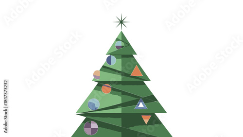 A stylized Christmas tree with colorful ornaments and a star on top against a plain white background.