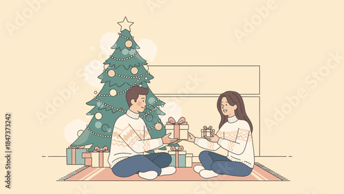 Illustration of a young couple exchanging gifts on Christmas Day sitting on a rug with a decorated tree and presents in the background.