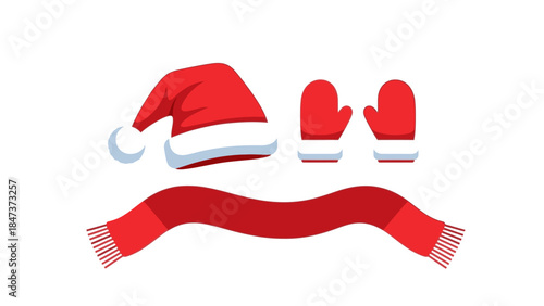 A flat lay of a red Santa hat, mittens, and scarf against a clean white background for Christmas Day.