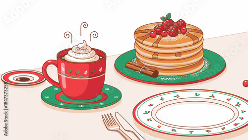 Illustration of a festive Christmas Day breakfast setting with pancakes, strawberries, and hot chocolate on a decorated table.