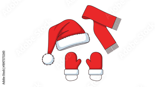 A flat lay of a red Santa hat and scarf with matching mittens on a white background, evoking a festive Christmas Day atmosphere.