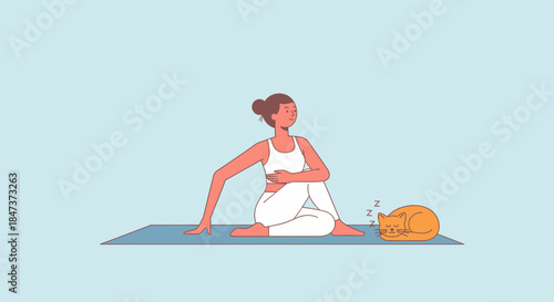 Young Woman Practicing Yoga Pose With Adorable Sleeping Cat Indoor