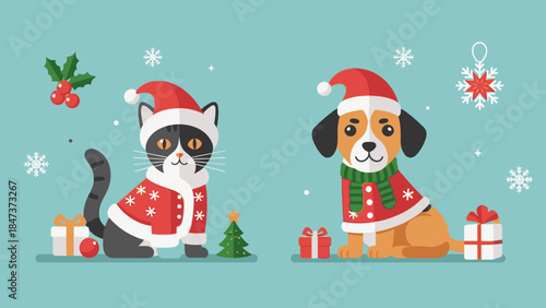 Festive cartoon cat and dog wearing Christmas sweaters and hats, sitting with gifts and decorations on a teal background, conveying a joyful Christmas Day mood with a flat, animated style.