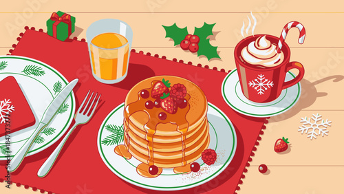 Flat lay of a festive Christmas Day breakfast spread with pancakes, syrup, and hot chocolate on a red placemat against a wooden table background with holly and snowflakes.