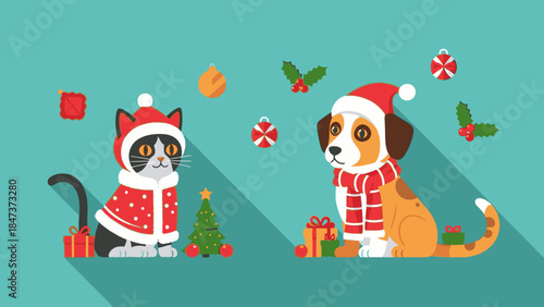 A festive cat and dog wearing Christmas attire, surrounded by gifts and decorations on Christmas Day, against a teal background with a playful and joyful mood.
