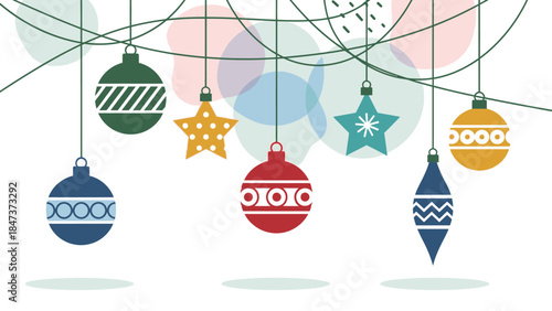 Colorful Christmas ornaments hanging from a line on Christmas Day against a white background with a festive mood.