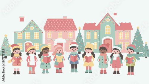 A group of diverse children wearing winter clothing stand in front of colorful houses and Christmas trees on a snowy Christmas Day with a festive mood.