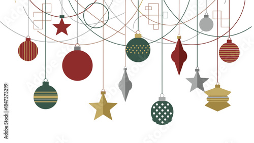 Colorful Christmas ornaments and stars hanging from a decorative mobile on Christmas Day against a white background with a festive mood.