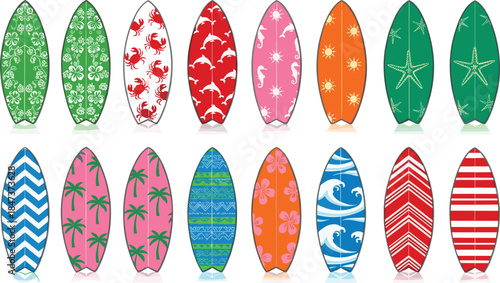 Colorful surfboard collection with tropical, marine, and geometric patterns isolated flat vector illustration set