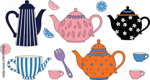 Colorful teapot and teacup set with floral patterns lemon slices and kitchen utensils flat vector illustration