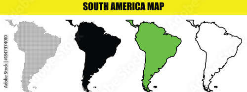 Minimal South America continent map silhouette illustrated with linear outline and dot texture, clean vector artwork isolated on white background for branding, education, and digital design use
