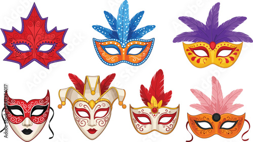 Colorful Venetian masquerade carnival masks set with feathers, decorative patterns, festive Mardi Gras costume vector illustration