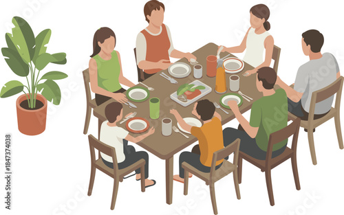 Isometric family dinner illustration with parents and children eating together at dining table home lifestyle flat vector design