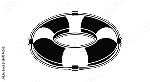 A striking black and white illustration of a life preserver ring focusing on its bold silhouette