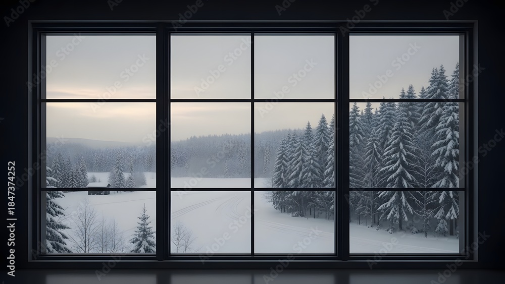 Fototapeta premium Snowy landscape viewed through a large window with a black frame on a gray day outside