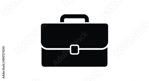 A simple black icon depicting a classic briefcase design with a handle a lock and silhouette