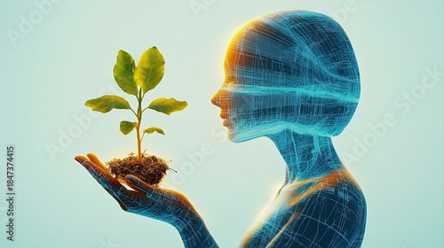 Digital Double Exposure Silhouette of Woman Holding a Small Plant in Her Hand