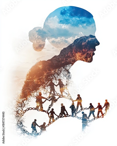 Artistic Double Exposure Silhouette of People with Nature and Mountain Elements