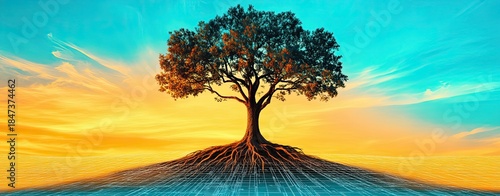 Glowing Silhouette of a Tree in Double Exposure Style Against Colorful Sky at Sunset