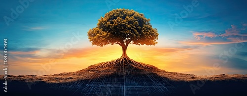 Glowing Silhouette of a Tree with Double Exposure in a Scenic Landscape at Dusk