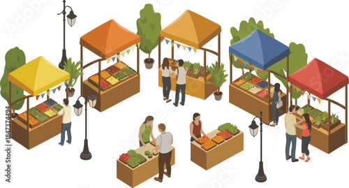 Isometric farmers market illustration with people shopping fresh fruits and vegetables at outdoor stalls local food lifestyle scene