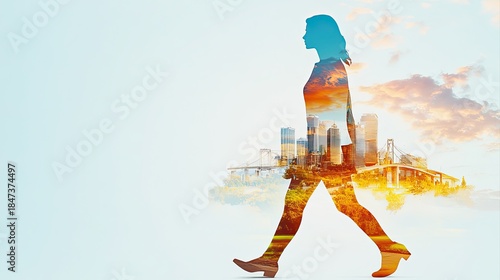 Silhouette of Determined Woman with Double Exposure Effect Against Urban Landscape
