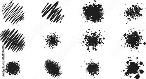 Grunge vector set of black ink splatters, spots and lines for creative graphic design