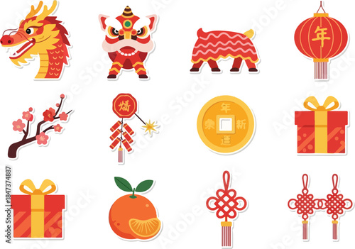 Festive Chinese New Year Icons Vibrant Dragon, Lantern, and Lucky Symbols for Celebration
