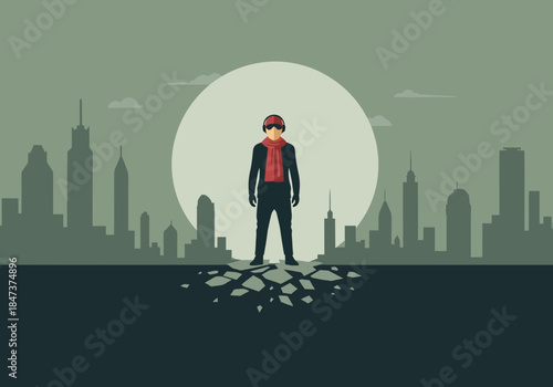 Man stands in front of city skyline with large circle behind him.