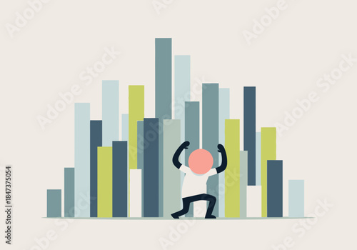 Person overwhelmed by tall, colorful bars representing data.