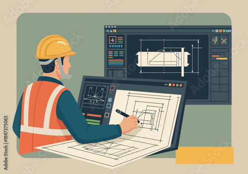Architect wearing hard hat and vest designs on computer and paper.