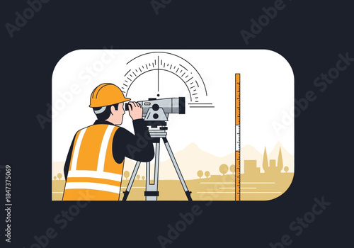 Surveyor using a theodolite to measure land with city skyline in distance.