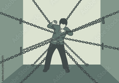 Person struggling against many chains in a confined space.