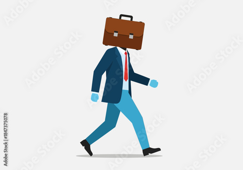 Man with briefcase head walking, wearing suit and tie.