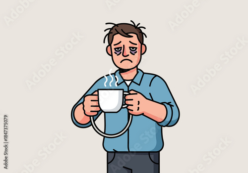Tired man holding a steaming mug with a worried expression.