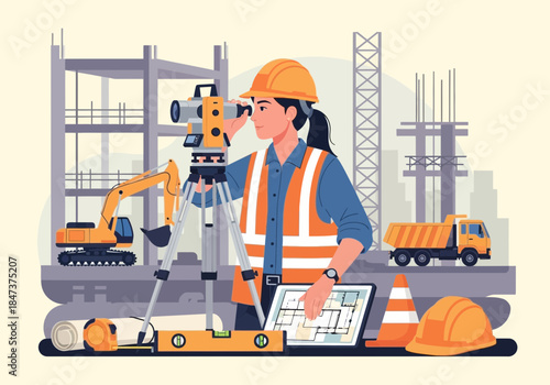 Woman surveyor uses equipment at construction site with machinery and plans.