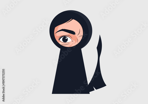 Stylized eye peeking through a dark keyhole shape.