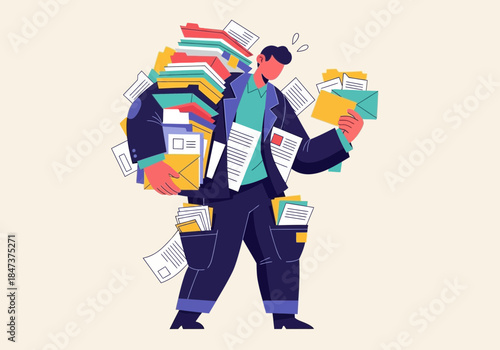 Man burdened by a large stack of papers and files.