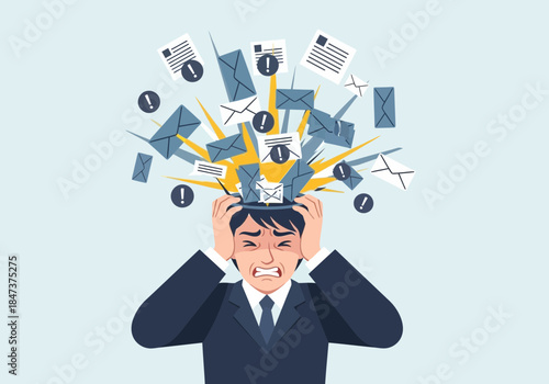 Man stressed with papers and coins exploding from head.