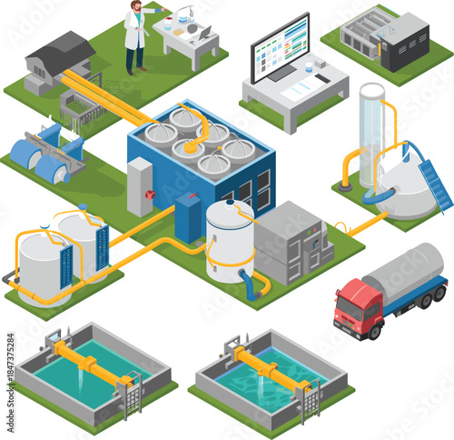 Isometric industrial water treatment plant illustration showing purification process pipelines tanks laboratory control system sustainable infrastructure technology concept