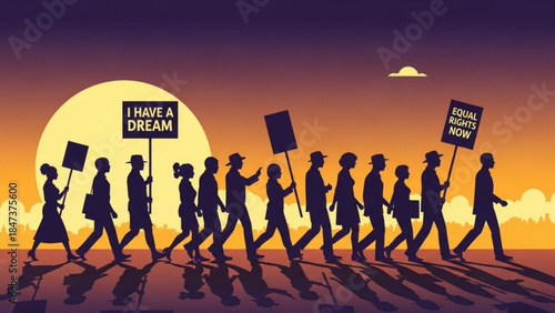 Group of people marching in protest with signs for equal rights and a dream at sunset