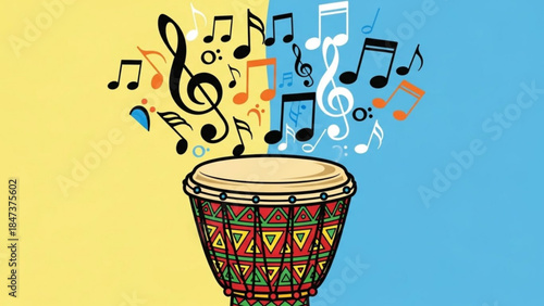 Vibrant illustration of a colorful african djembe drum with musical notes and symbols rising from it against a split yellow and blue background