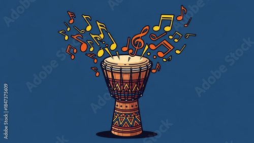 Vibrant illustration of a djembe drum with colorful musical notes emerging from it on a blue background, symbolizing rhythm and music