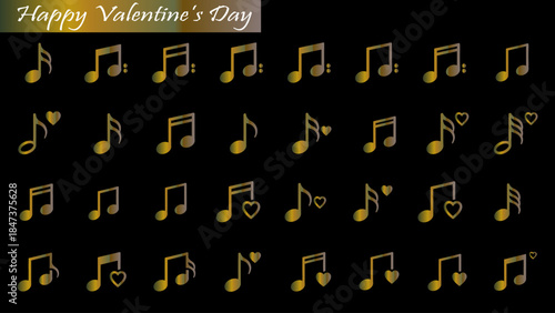Happy Valentine's Day musical notes set, golden love-themed music symbols vector illustration.